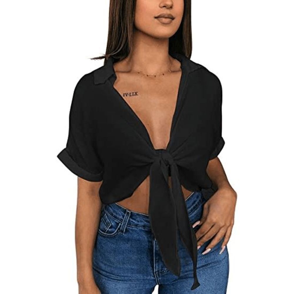 Womens Summer Short Sleeve Shirts V Neck Tie Knot Batwing Blouse